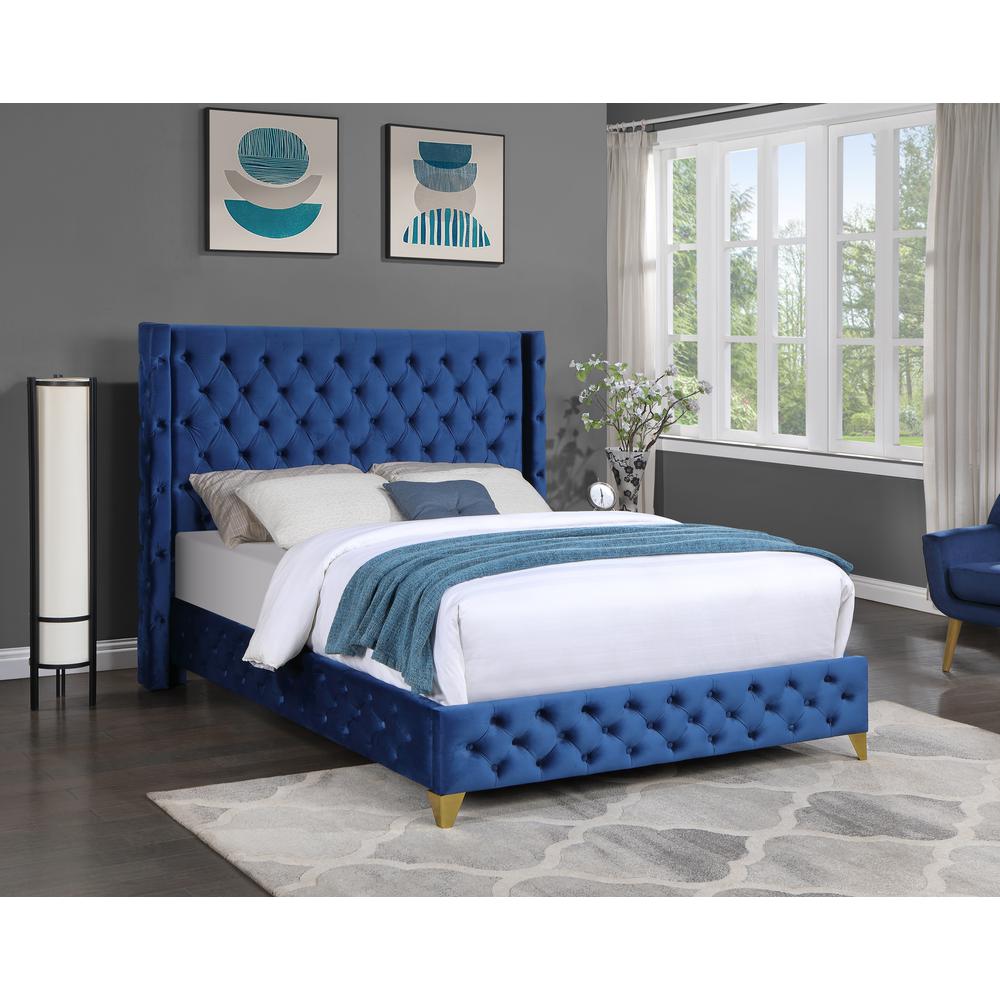 Oakdale Blue Wood Frame King Platform Bed with Tufted Velvet Upholstery. Picture 3