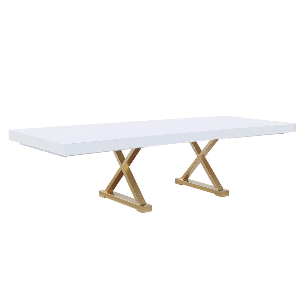 Tyrion Rectangle Extendable Modern White Dining Table in Brushed Gold. Picture 1