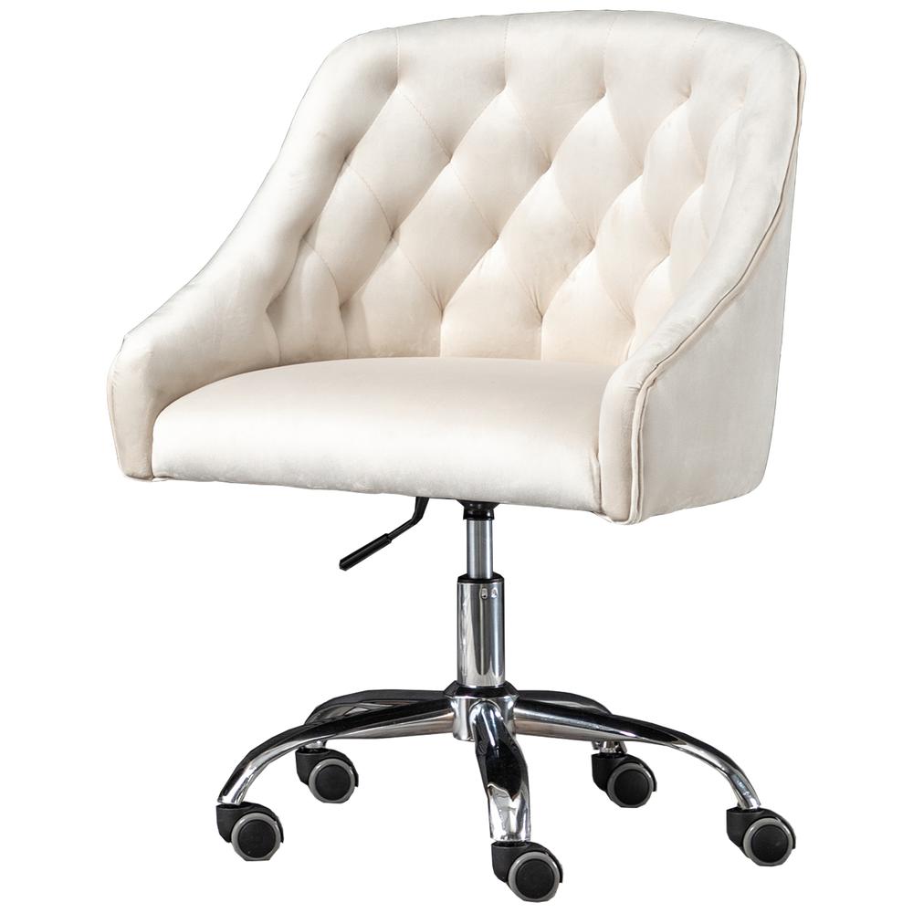 Cream Velvet Tufted Swivel Task Chair with Silver Base and Wheels. Picture 1