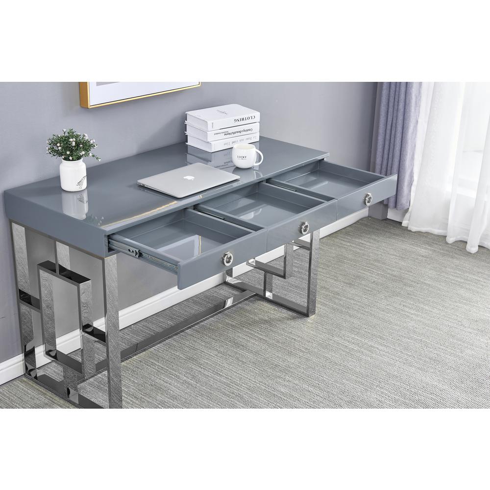 Brooks 3 Drawer Wood and Stainless Steel Frame Writing Desk - Gray/Silver. Picture 2