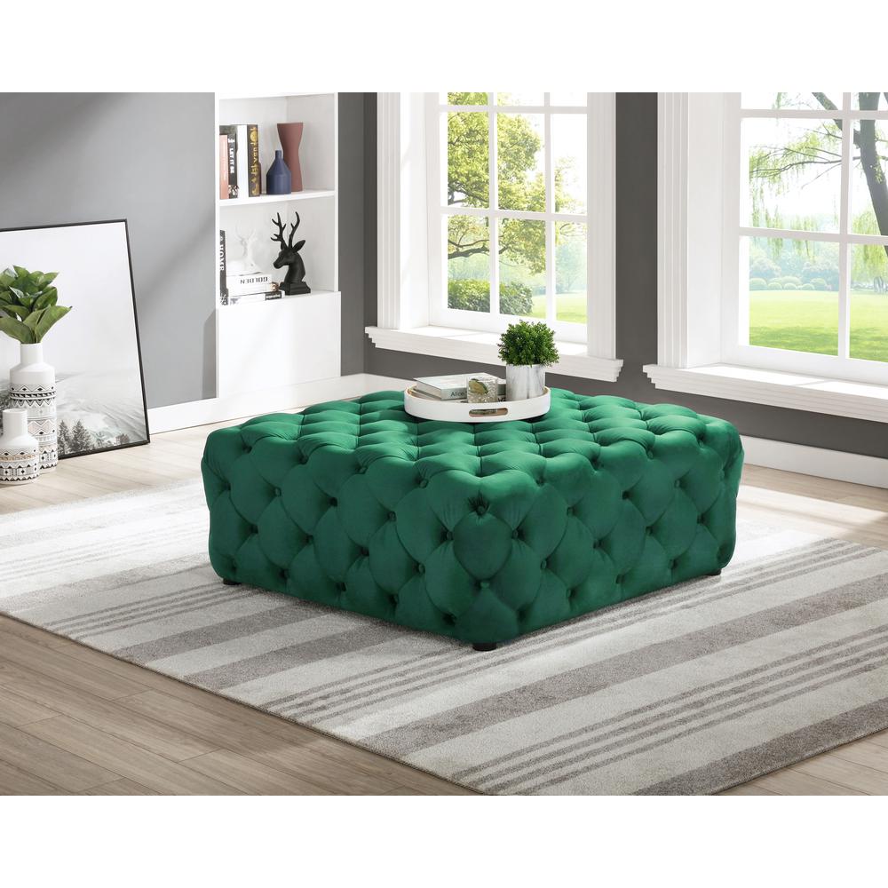 Kelly Square Transitional Velvet Fabric Ottoman in Green. Picture 2