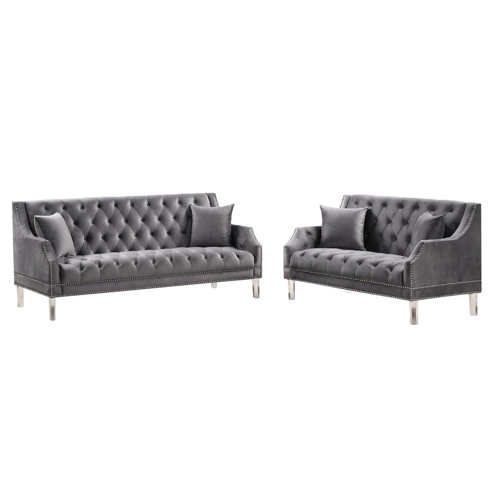 Tao Tufted Velvet with Acrylic Legs Sofa and Loveseat Set in Gray. Picture 1