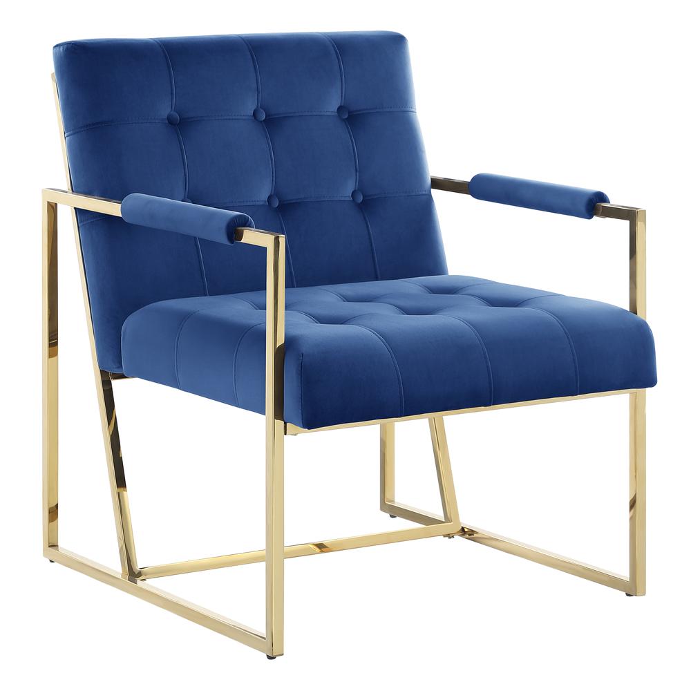 Luxor Blue Velvet Modern Accent Chair in Gold. Picture 1