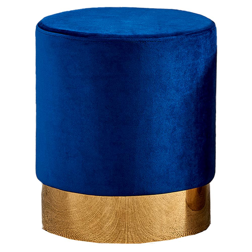 Round Modern Velvet Accent Stool in Blue. Picture 1
