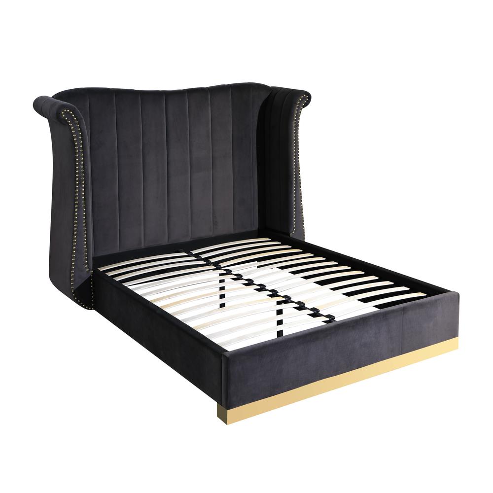 Jamie Velvet Dark Gray Eastern King Platform Bed with Gold Accents. Picture 2
