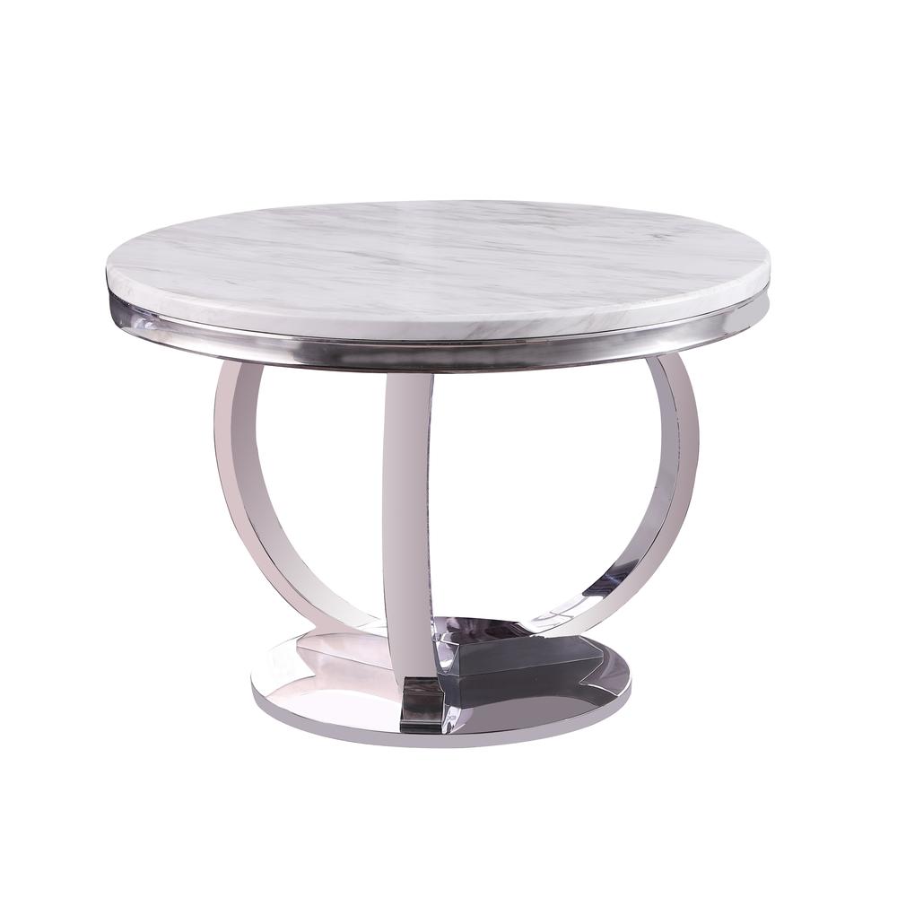 Layla White Modern Faux Marble Round Dining Table with Silver Base. Picture 1
