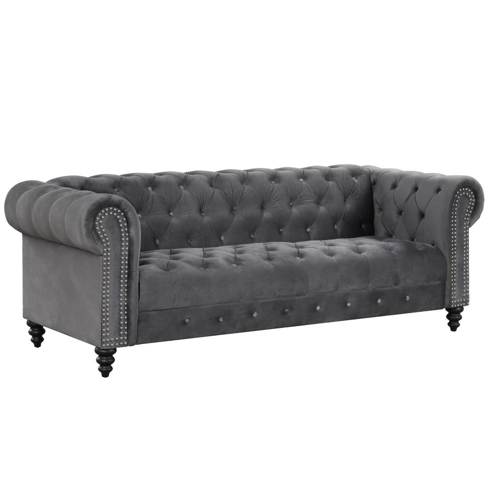 Flotilla Round Arm Velvet Chesterfield Straight Sofa in Gray (3 Seater). Picture 1