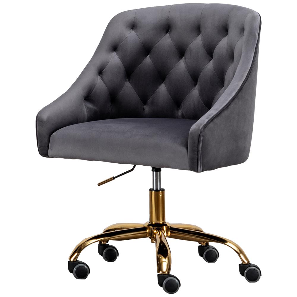 Dark Gray Velvet Swivel Task Chair with Gold Base. Picture 1