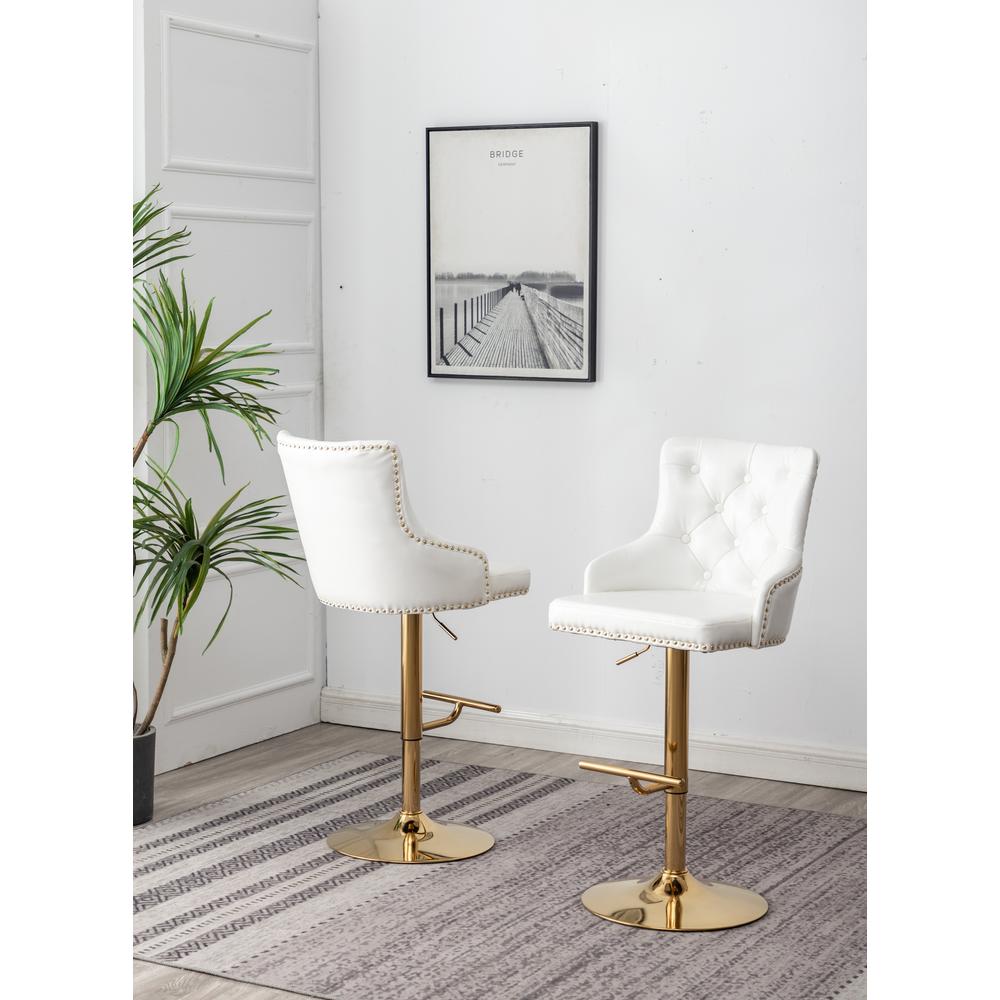 Brightcast 2-piece Velvet Tufted Gold Bar Stools in White. Picture 2