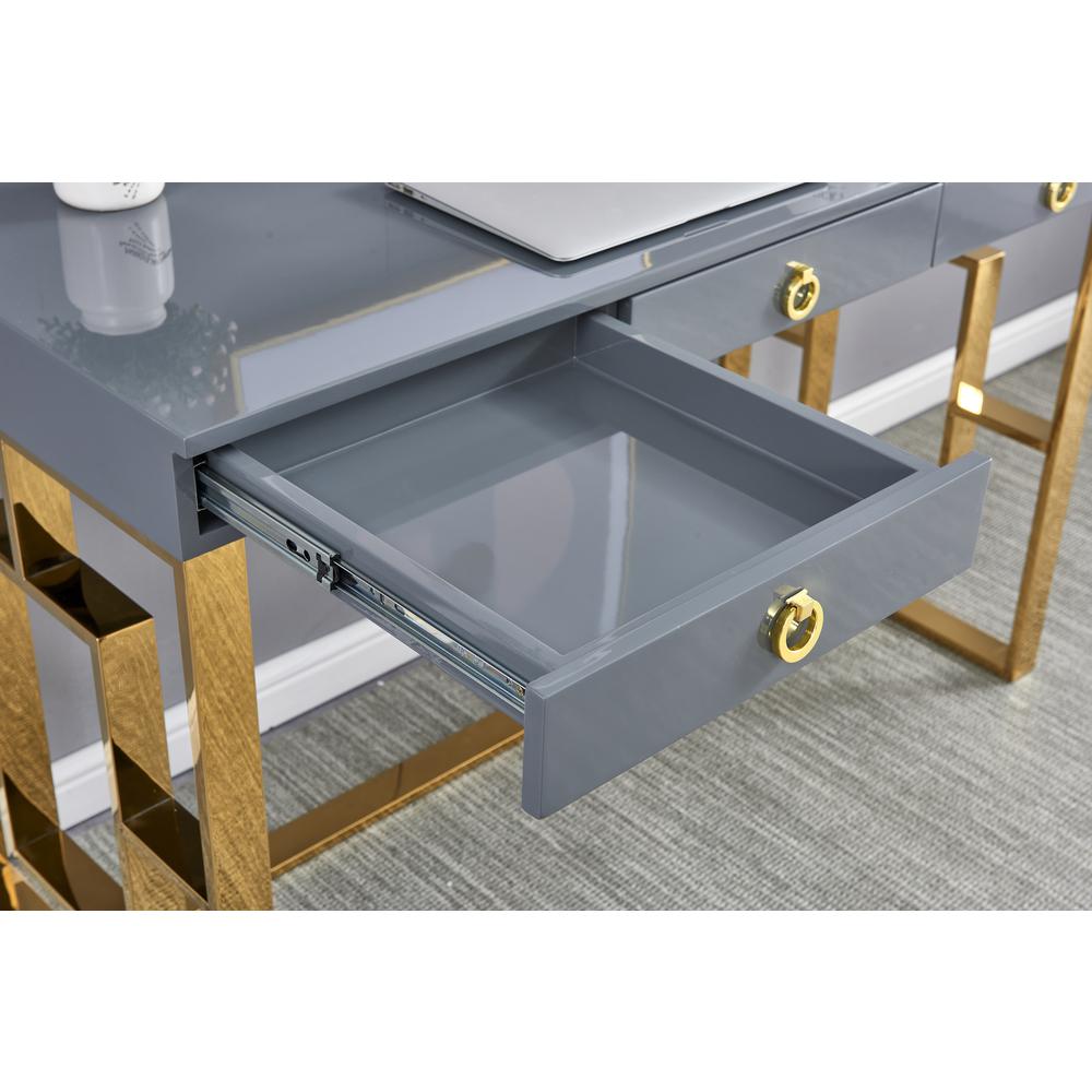Brooks 3 Drawer Wood and Stainless Steel Frame Writing Desk - Gray/Gold. Picture 2