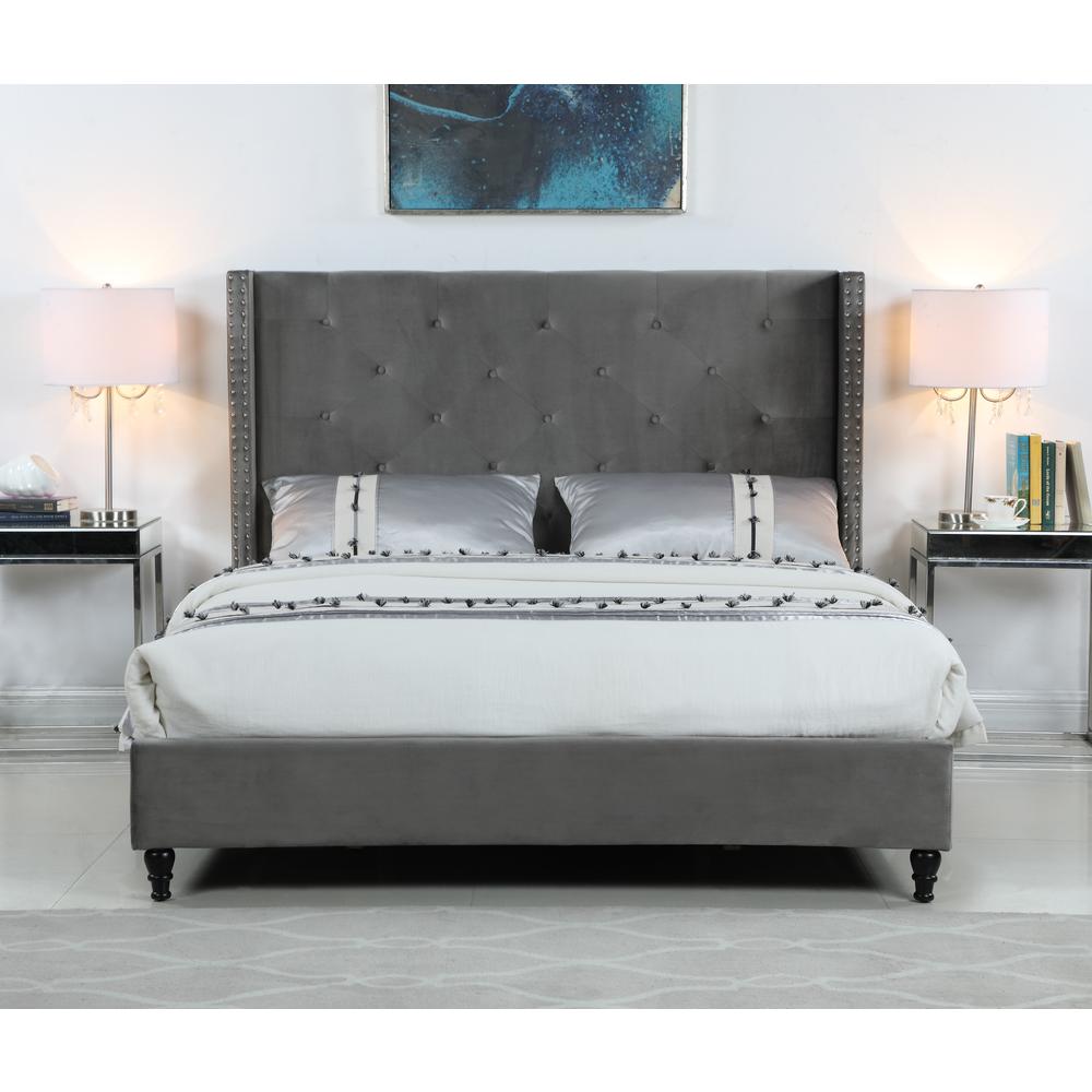 Best Master Furniture Valentina Velvet Platform King Bed in Gray. Picture 2