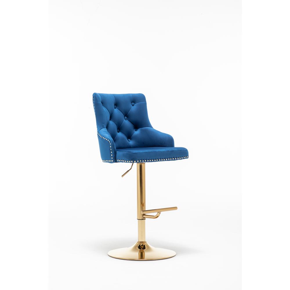 Brightcast 2-piece Velvet Tufted Gold Bar Stools in Blue. The main picture.