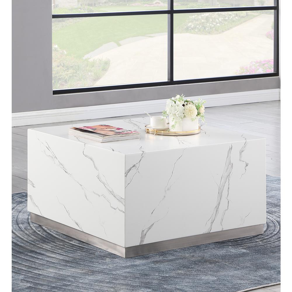 Zhuri Square Faux Marble White Coffee Table in Silver. Picture 2