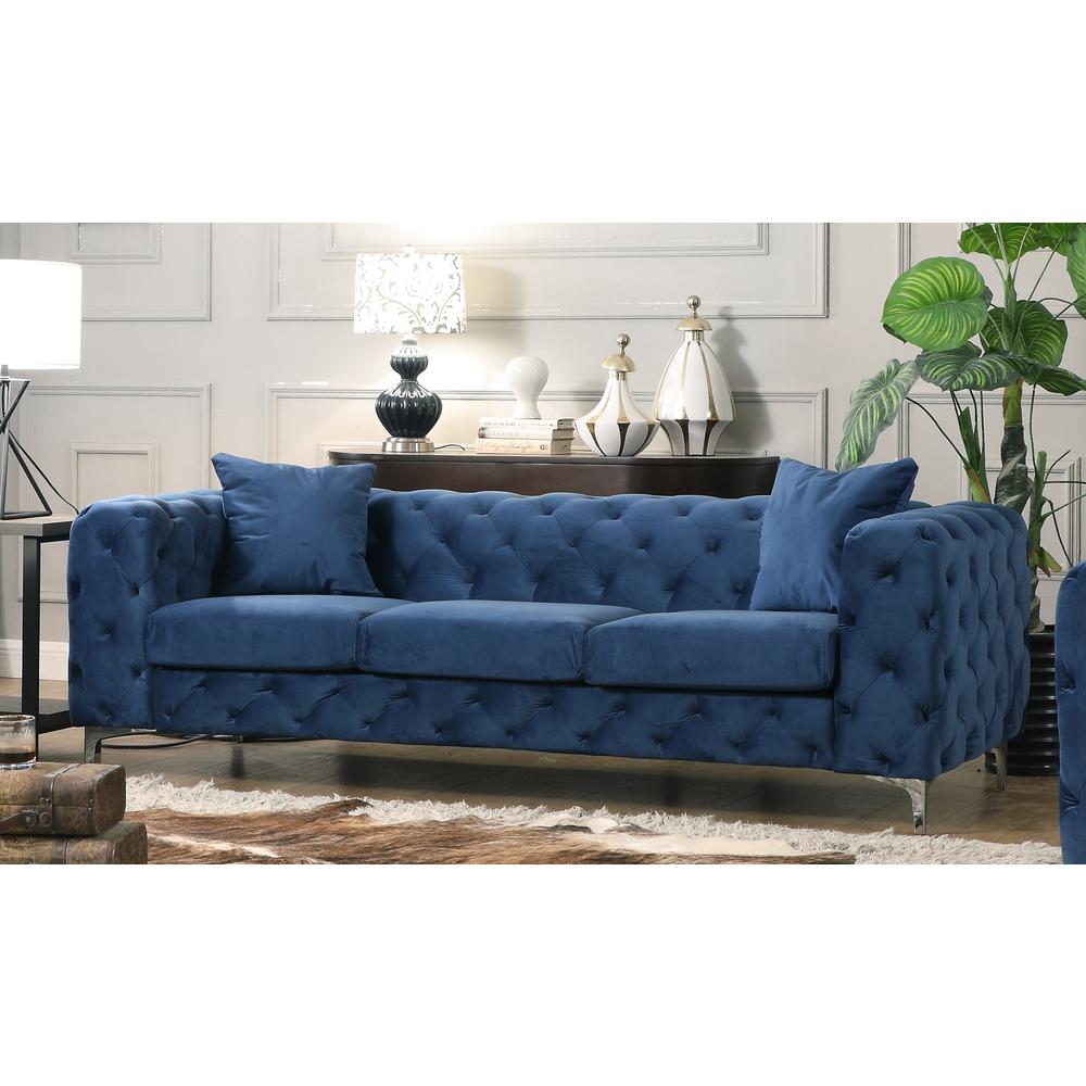 Best Master Furniture Nigel 84" Transitional Velvet Fabric Sofa in Blue. Picture 1