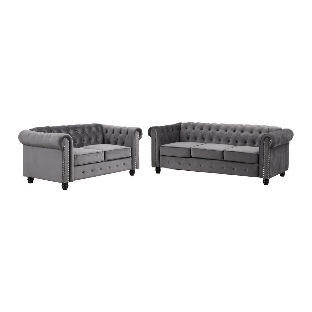 Best Master Furniture Venice 2 Piece Velvet Sofa and Loveseat Set in Gray. Picture 1