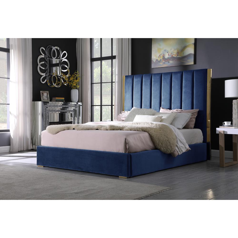 Jalen Blue Velvet California King Platform Bed with Gold Accents. Picture 2
