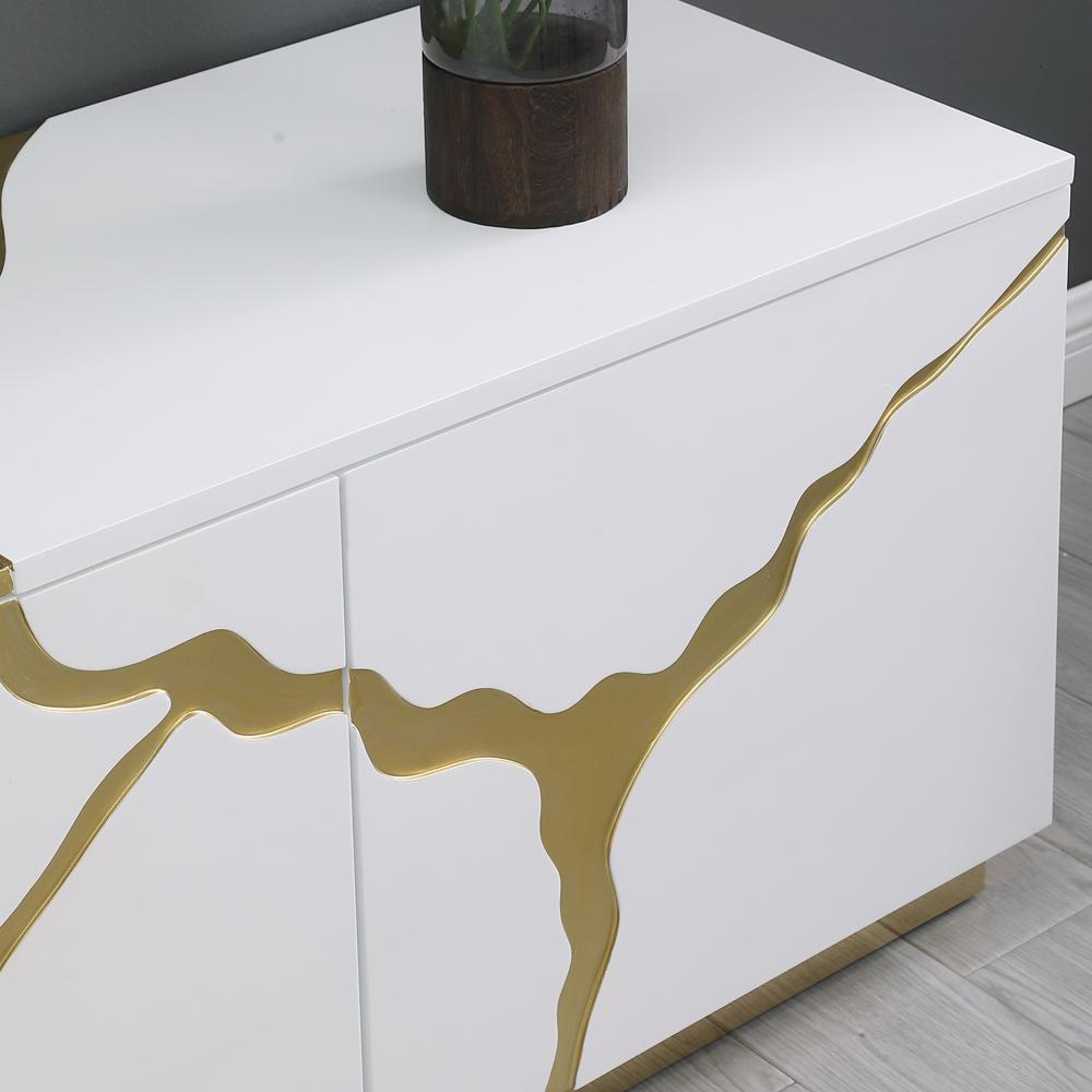 Ronnie White Lacquer T.V Stand with Gold Accents. Picture 6