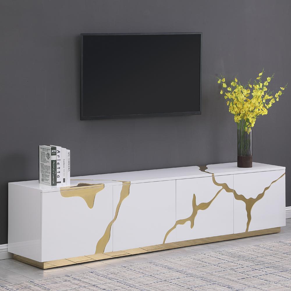 Ronnie White Lacquer T.V Stand with Gold Accents. Picture 7