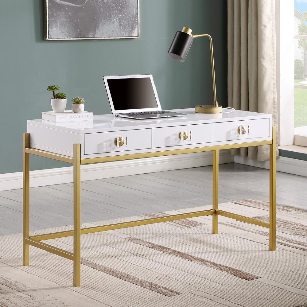 Tamila White Lacquered Computer Desk with Gold Frame. Picture 7