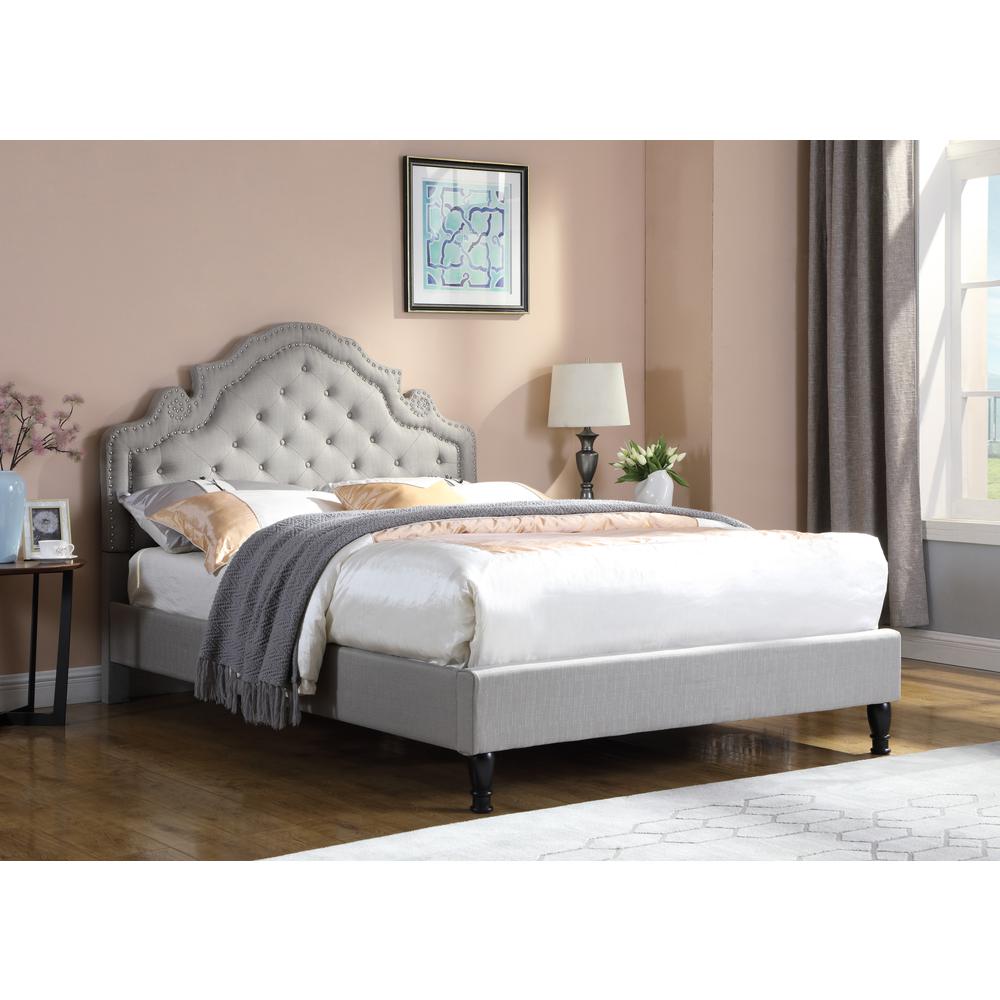 Best Master Furniture Theresa Linen Fabric King Bed with Nailhead Trim in Gray. Picture 1