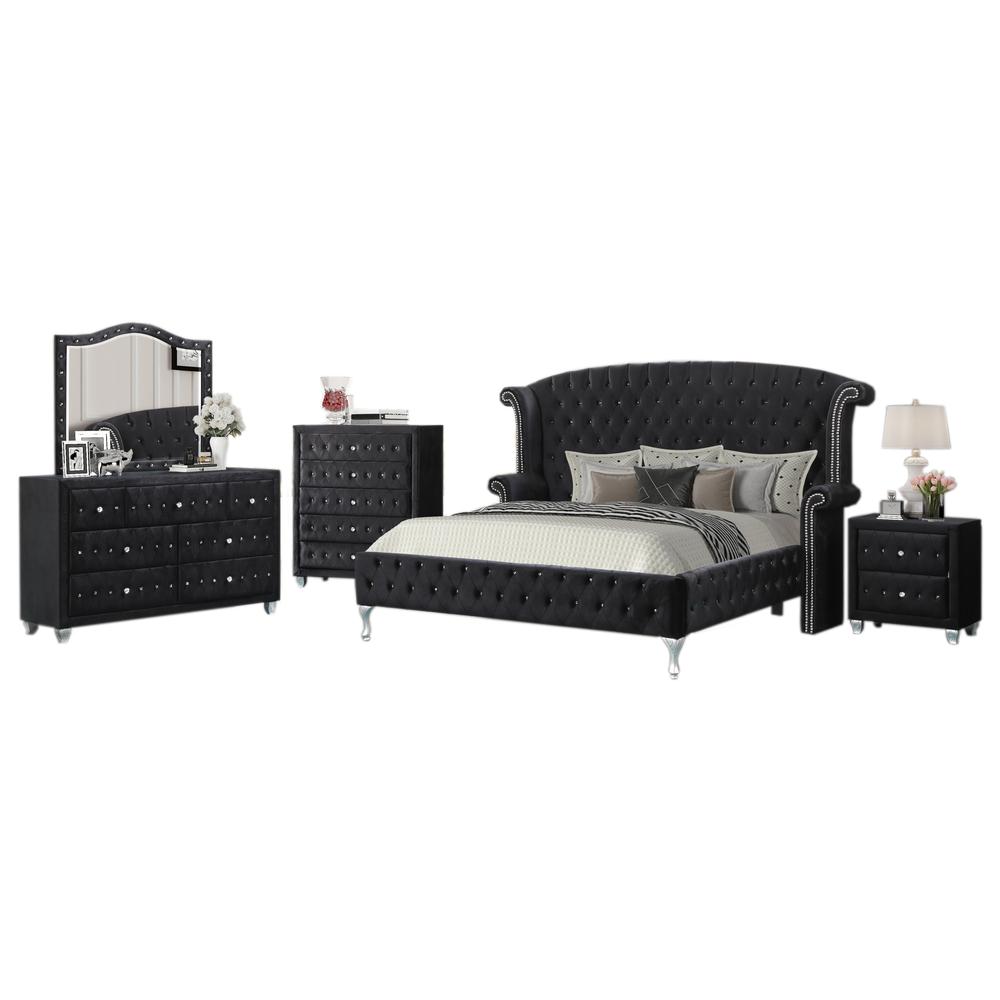 Best Master Furniture Emma Velvet Queen Bed with Crystal-like Studs in Black. Picture 2