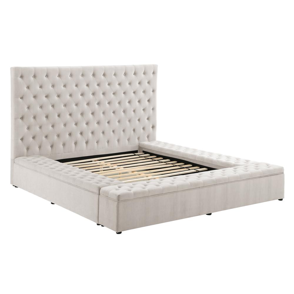 Cierra Velvet Platform Queen Bed with Storage in Cream. Picture 2
