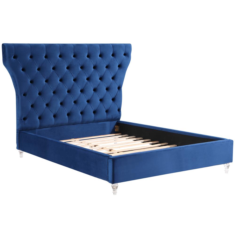 Bellagio Navy Tufted Velvet Queen Platform Bed with Acrylic Legs. Picture 2