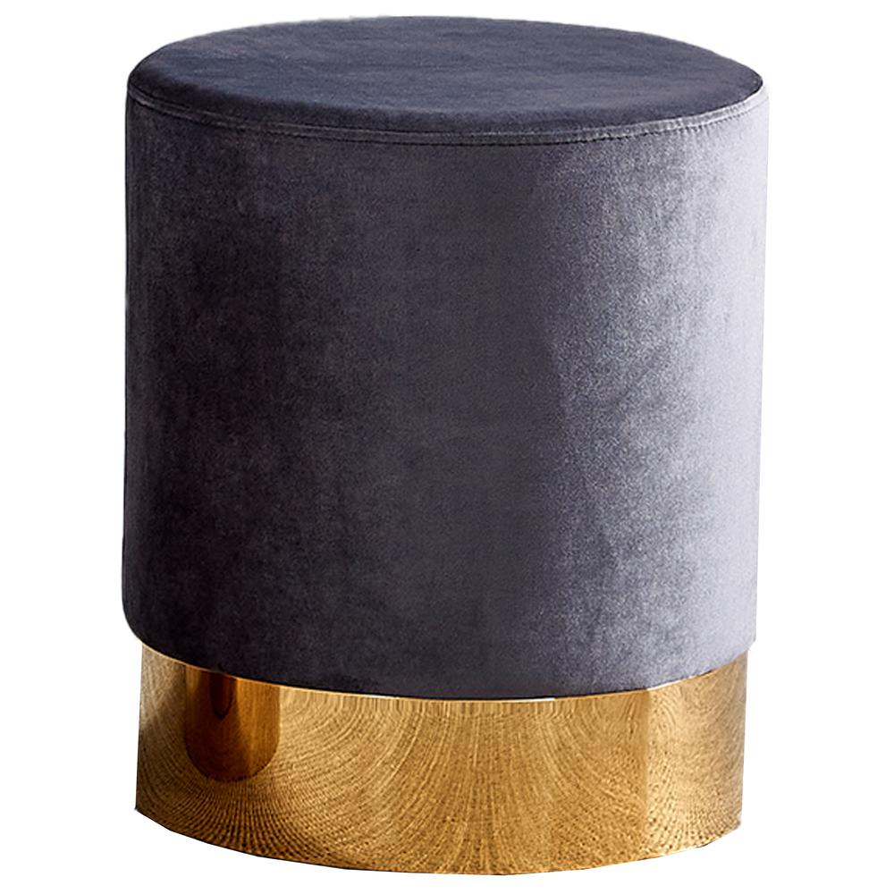 Round Modern Velvet Accent Stool in Gray. Picture 1