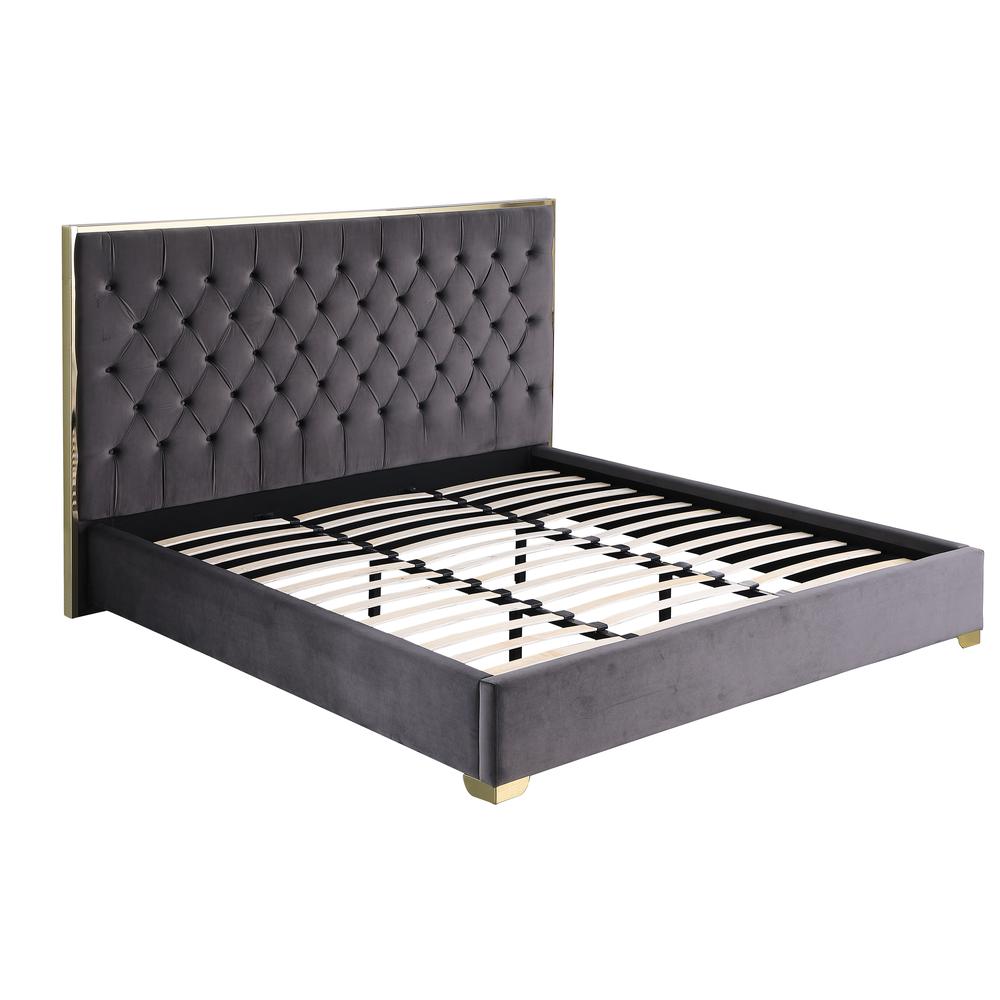 Kressa Velour Fabric Tufted Cali King Platform Bed in Dark Gray/Gold. Picture 2