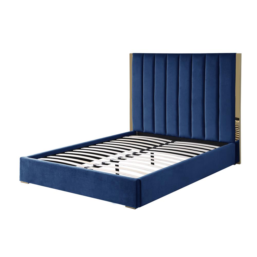 Jalen Blue Velvet Queen Platform Bed with Gold Accents. Picture 1