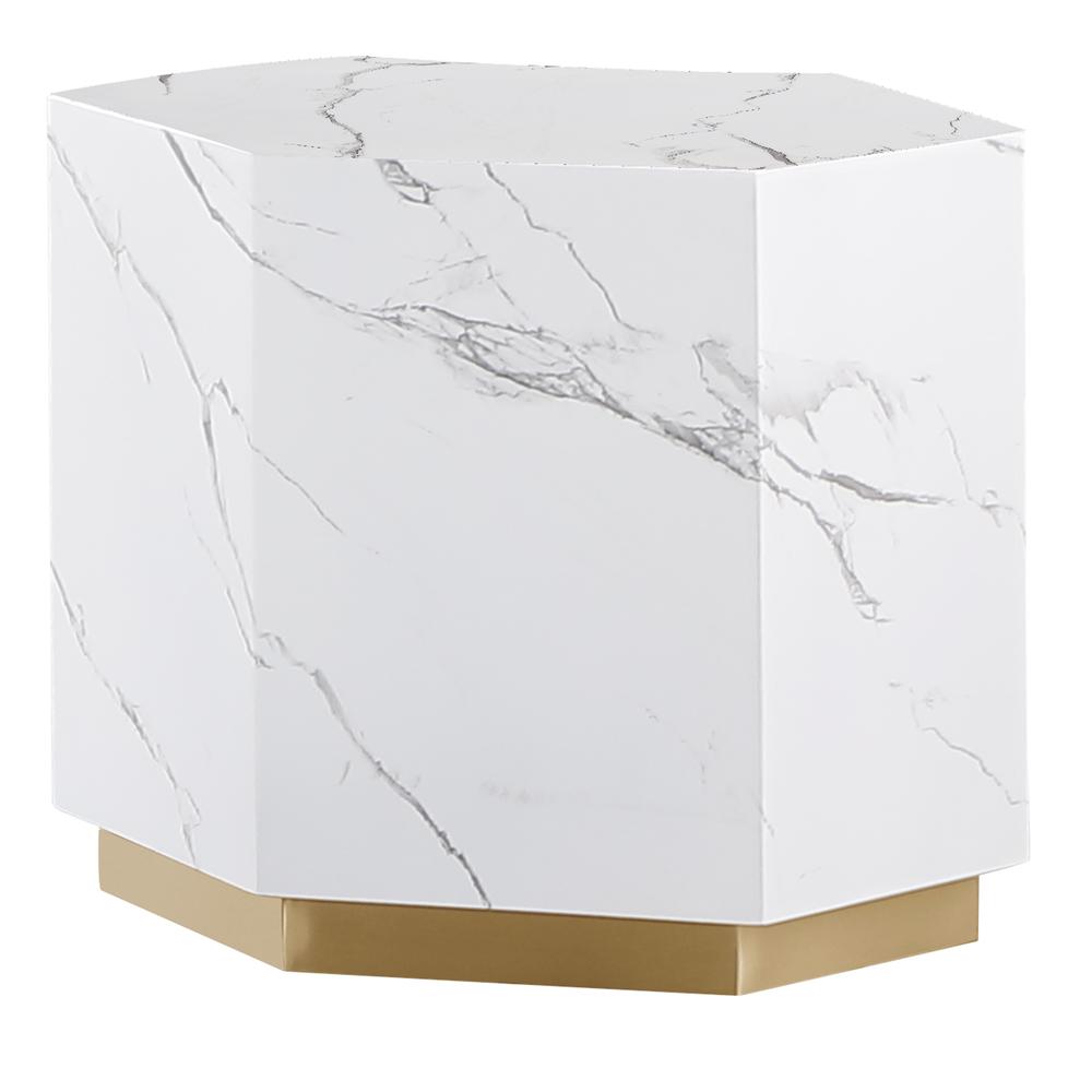 Zhuri Hexagon Faux Marble White End Table in Gold. Picture 1