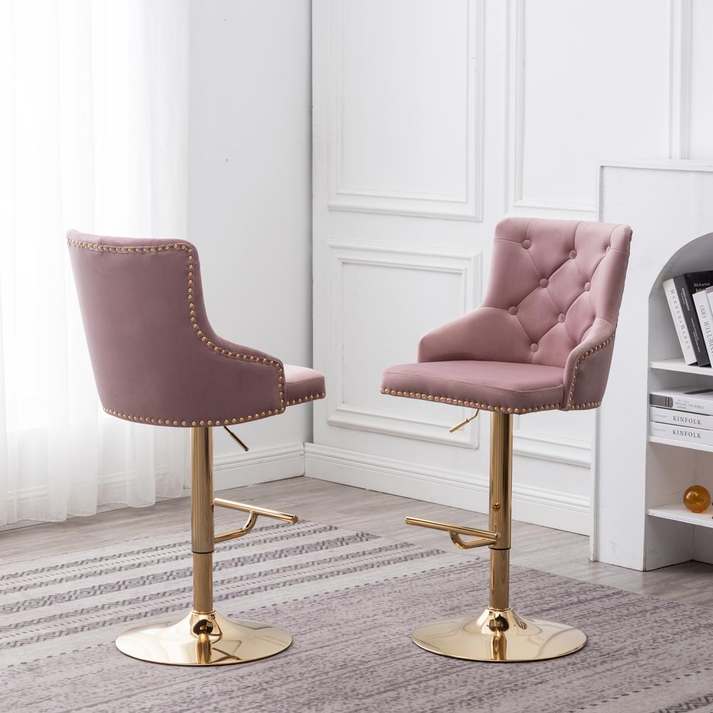 Brightcast 2-piece Velvet Tufted Gold Bar Stools in Pink. Picture 3