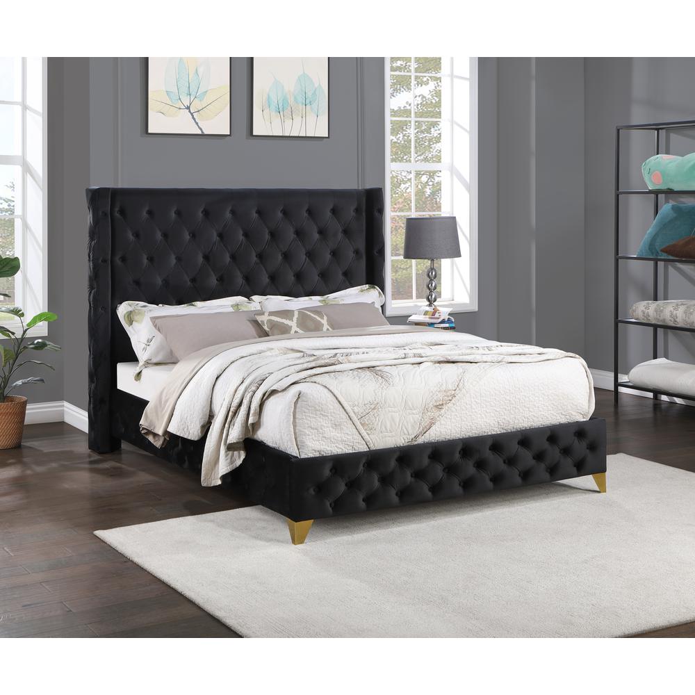 Oakdale Black Wood Frame King Platform Bed with Tufted Velvet Upholstery. Picture 3