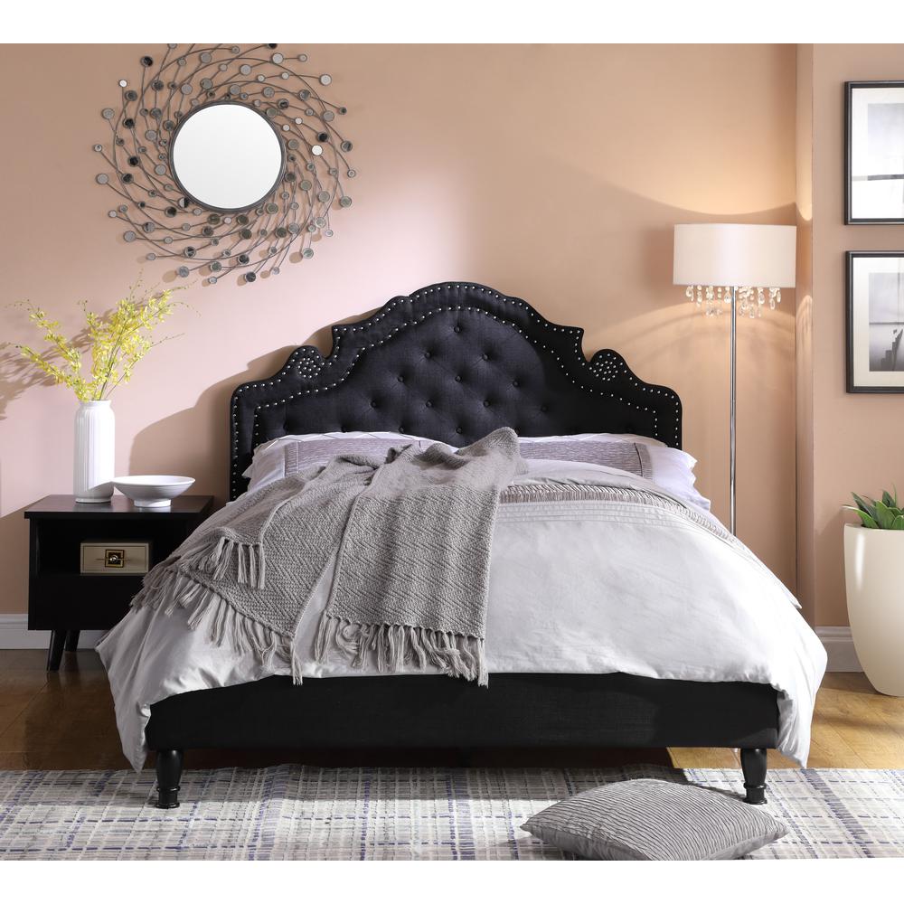Best Master Furniture Theresa Linen Fabric King Bed with Nailhead Trim in Black. Picture 1