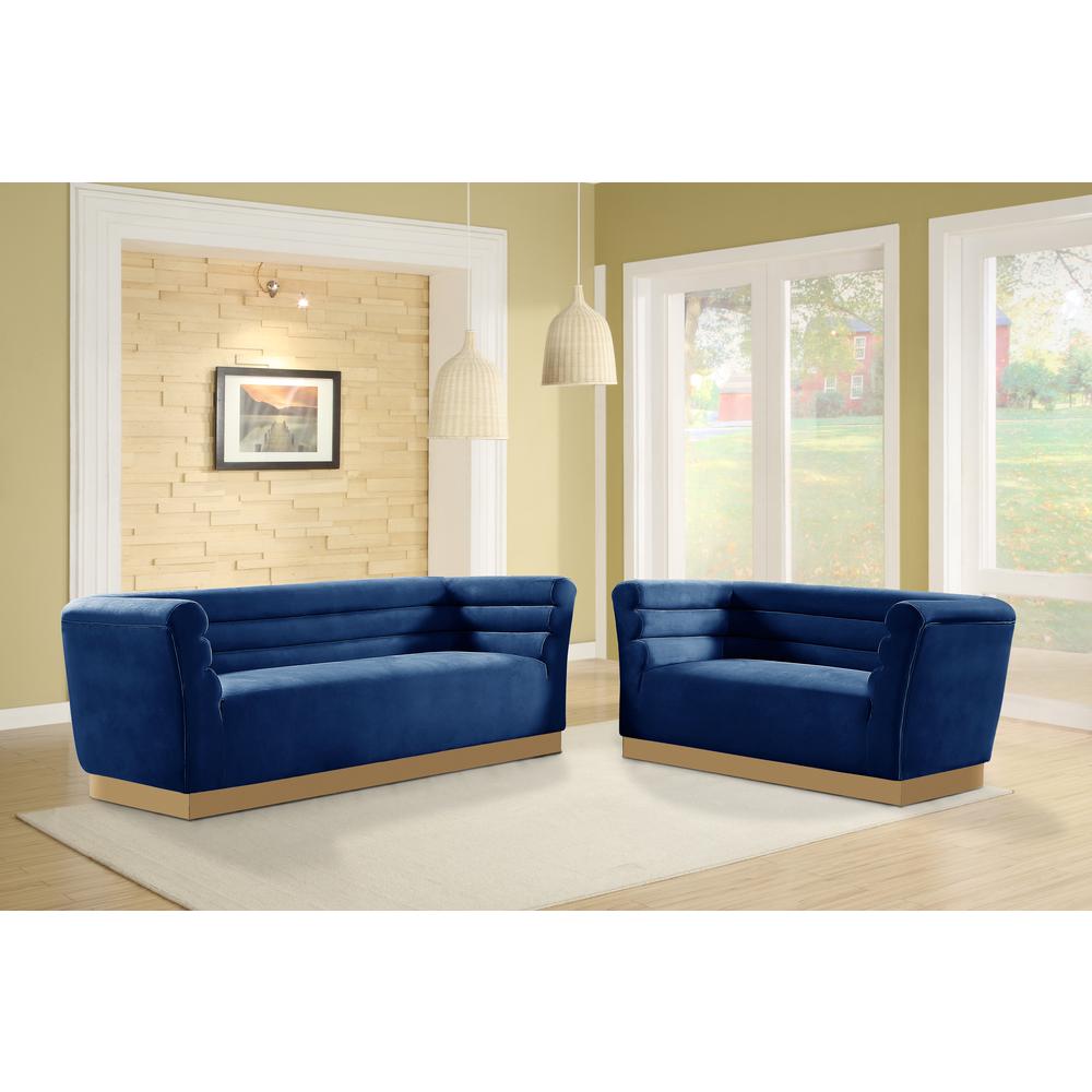Livingston Blue Velour Loveseat with Gold Trim. Picture 4