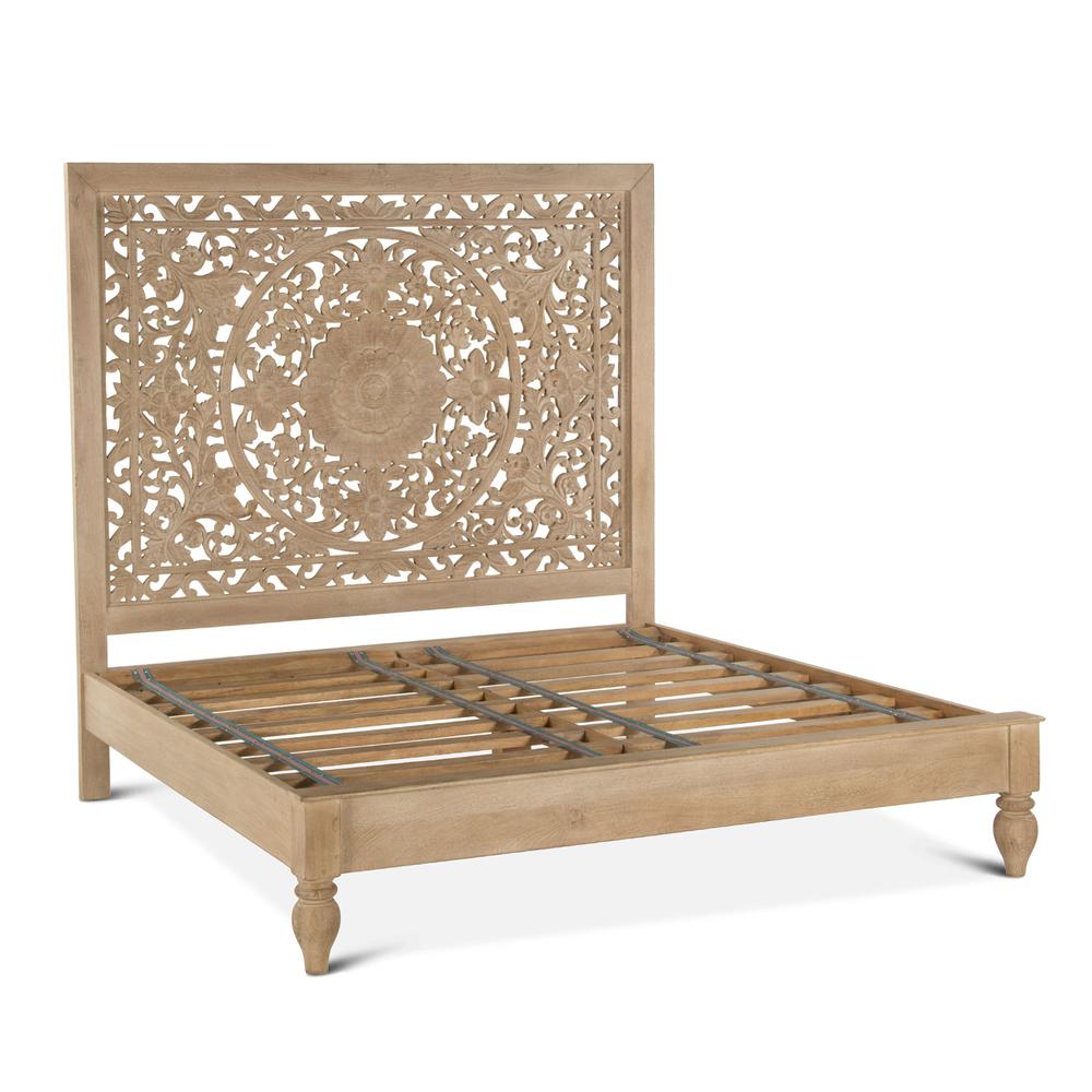 Haveli Mango Wood Queen Bed in Natural Whitewash Finish. Picture 1