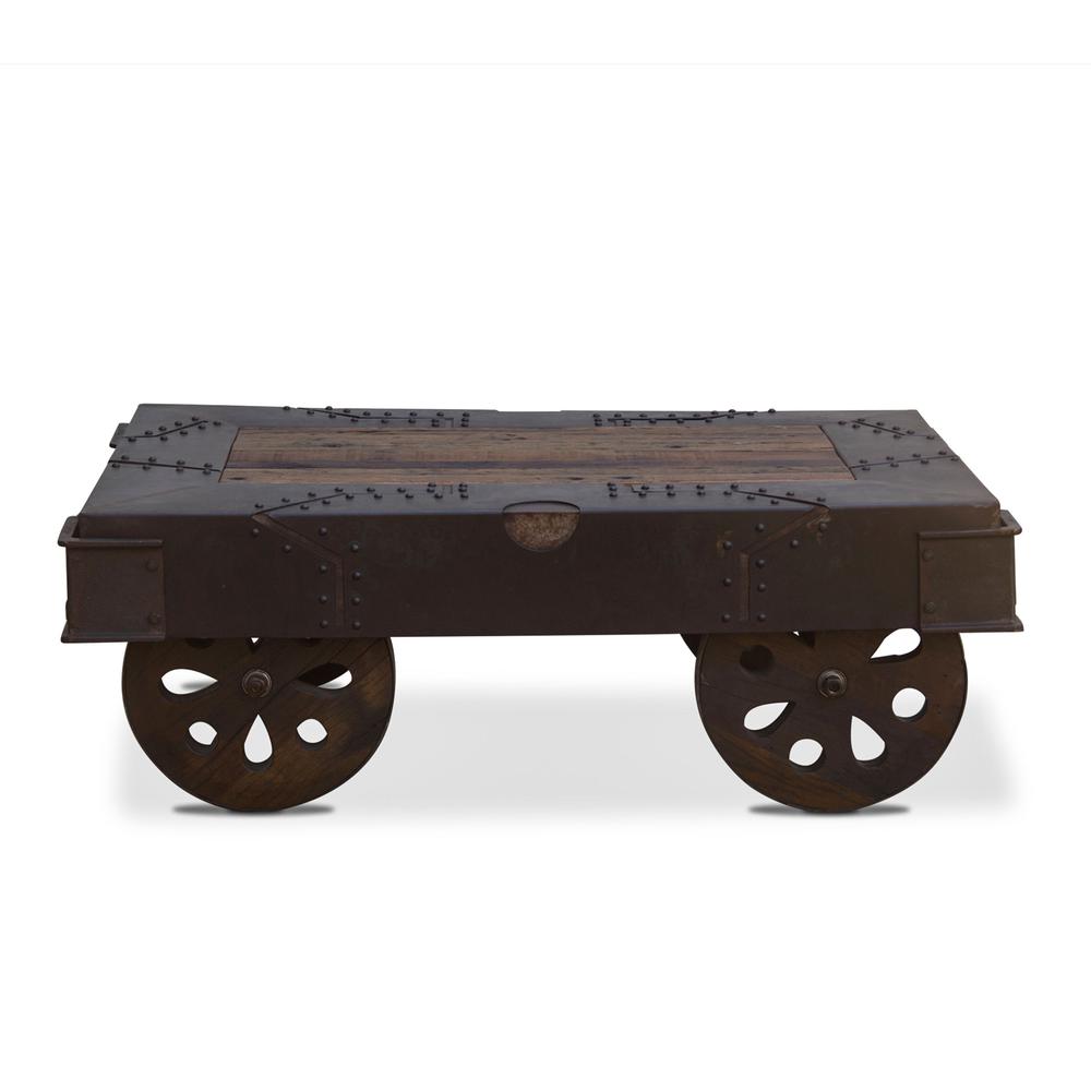 Sterling 48-Inch Reclaimed Iron Wheeled Coffee Table. Picture 1
