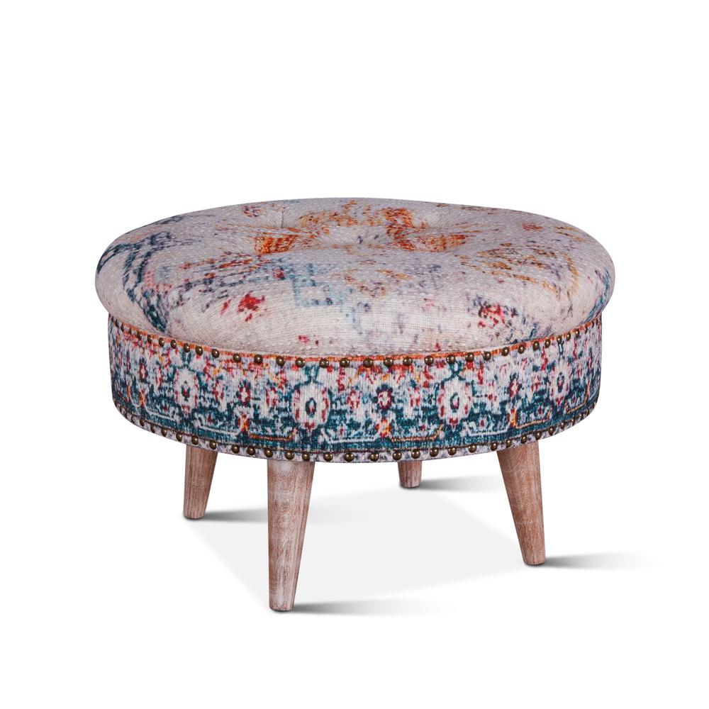 Algiers Turquoise Print Upholstered Stool. Picture 1