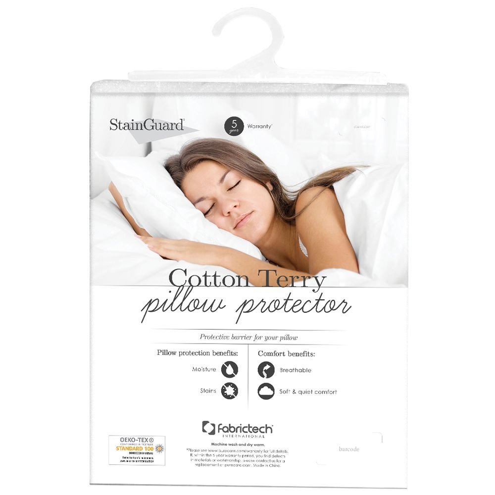 StainGuard Cotton Terry Pillow Protector Queen, White. Picture 1