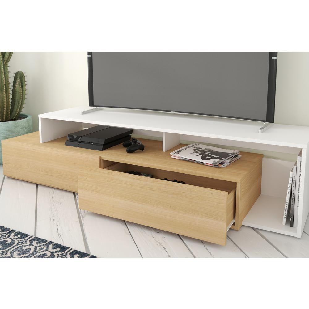 72-Inch Tv Stand With 2 Drawers, Natural Maple & White. Picture 3