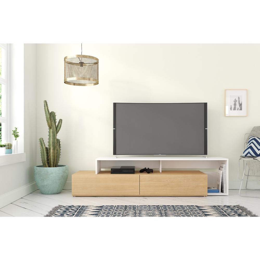 72-Inch Tv Stand With 2 Drawers, Natural Maple & White. Picture 2