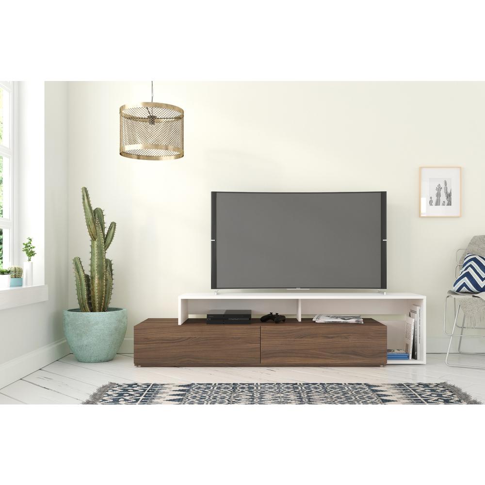 72-Inch Tv Stand With 2 Drawers, Walnut & White. Picture 2