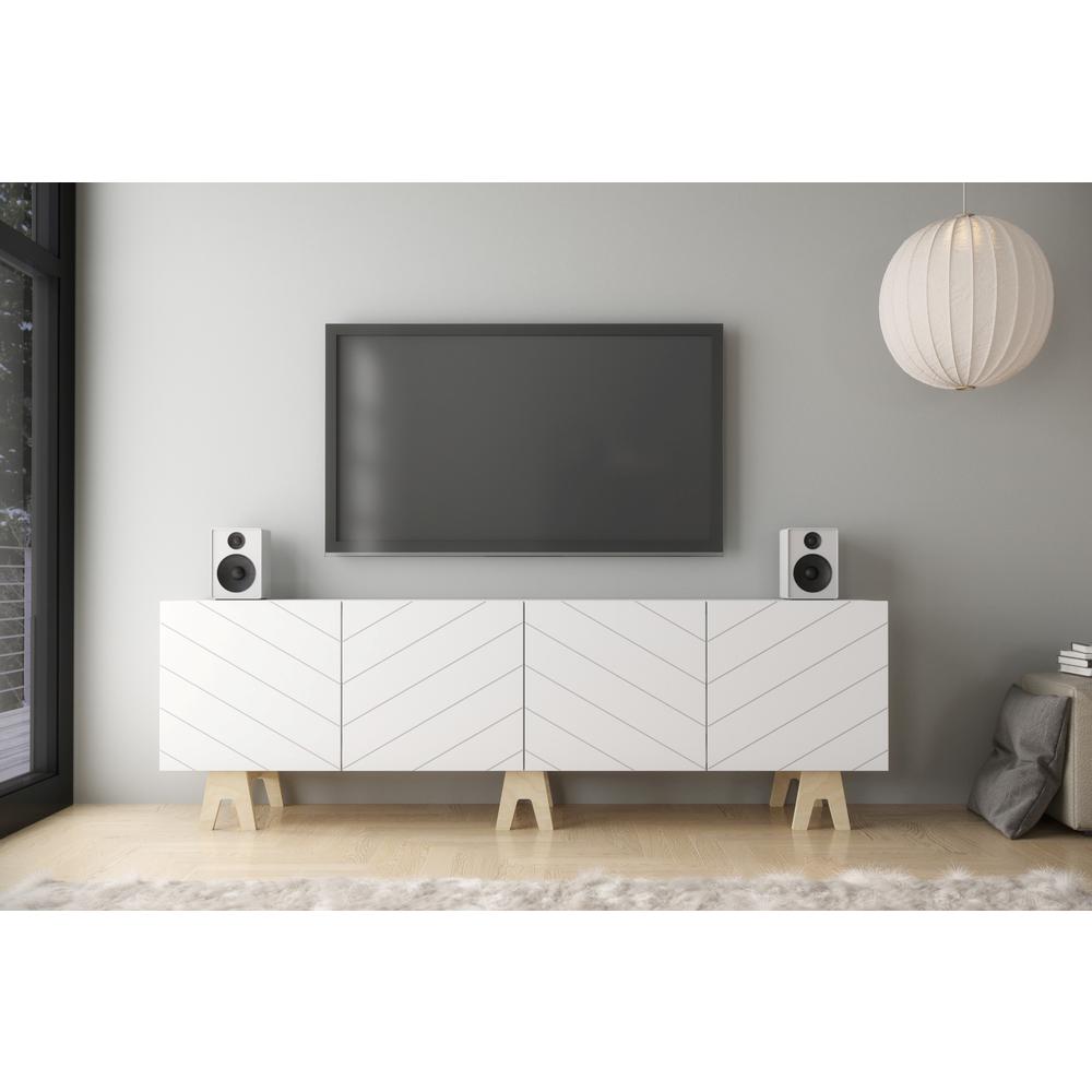 72-Inch Tv Stand With 4-Doors, White & White. Picture 2