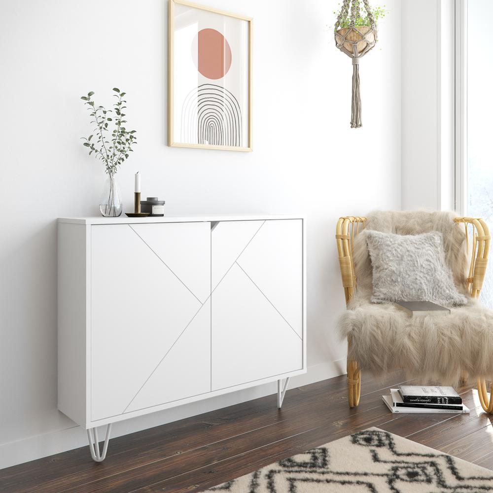 Slim 2-Door Storage Accent Cabinet, Floating And Wall Mount Bar, White. Picture 6
