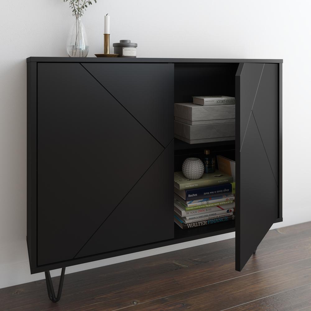 Slim 2-Door Storage Accent Cabinet, Floating And Wall Mount Bar, Black. Picture 3