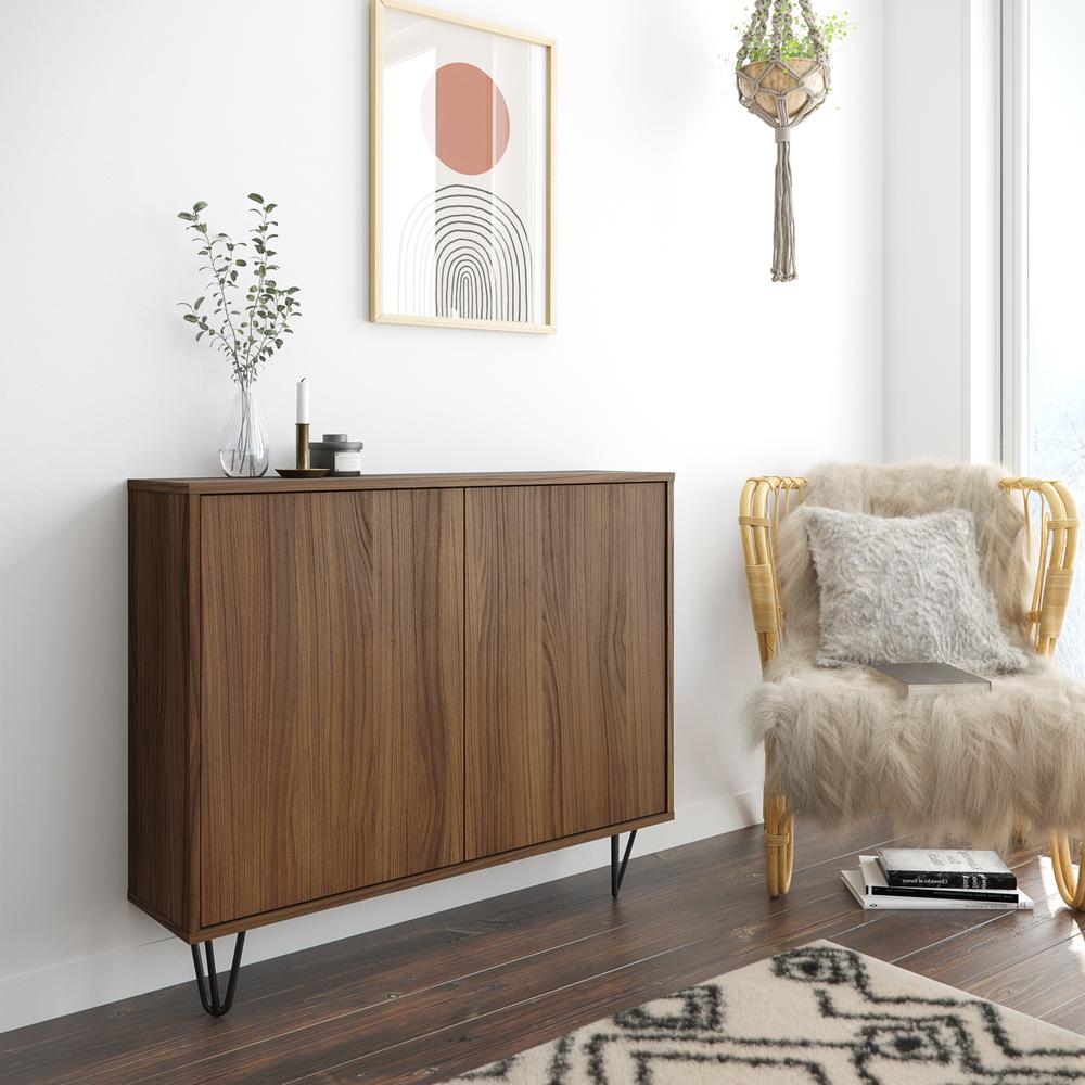 Slim 2-Door Storage Accent Cabinet, Floating And Wall Mount Bar, Walnut. Picture 5