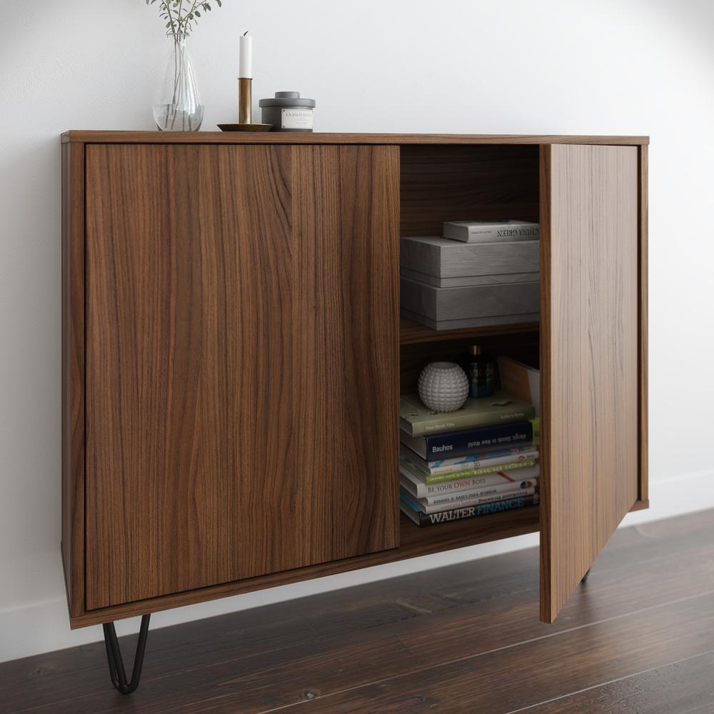 Slim 2-Door Storage Accent Cabinet, Floating And Wall Mount Bar, Walnut. Picture 6