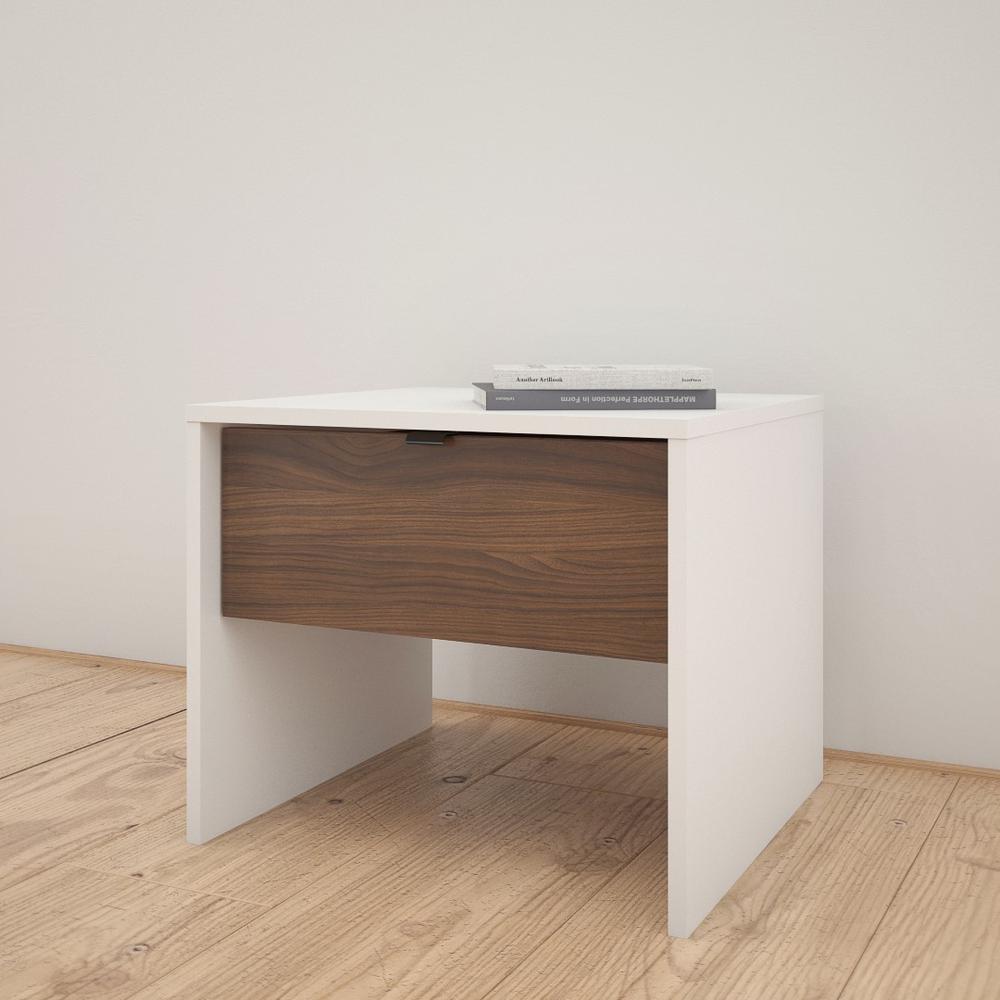 Nightstand With 1-Drawer, White & Walnut. Picture 2
