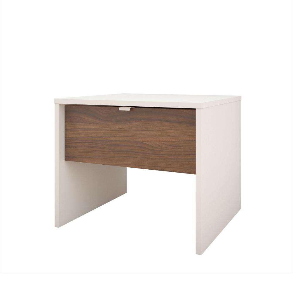 Nightstand With 1-Drawer, White & Walnut. Picture 1