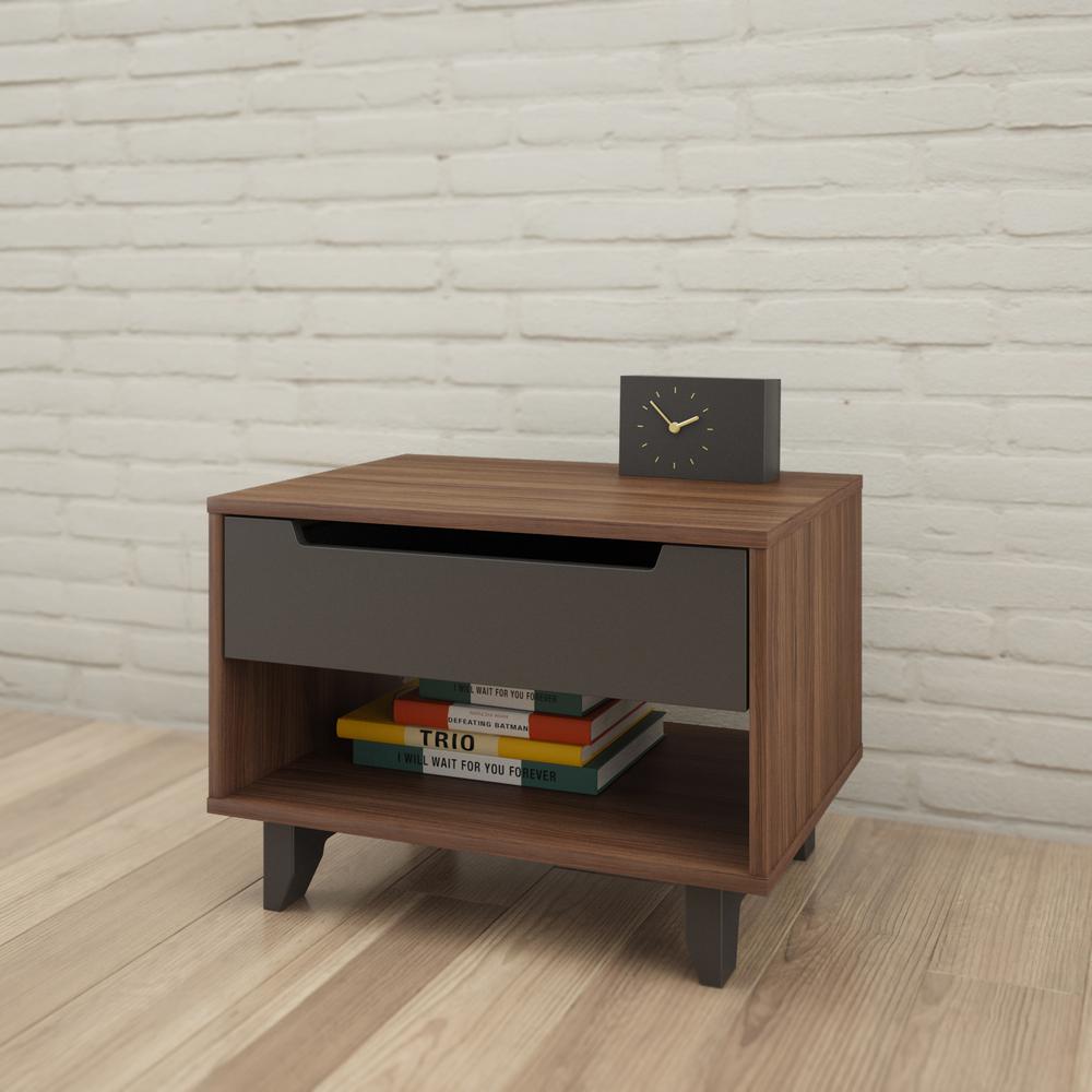 Nightstand 1-Drawer And Folding Door, Walnut & Charcoal. Picture 3